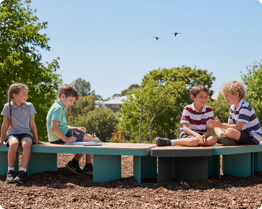 Students using Furnware Cohort outdoor benches