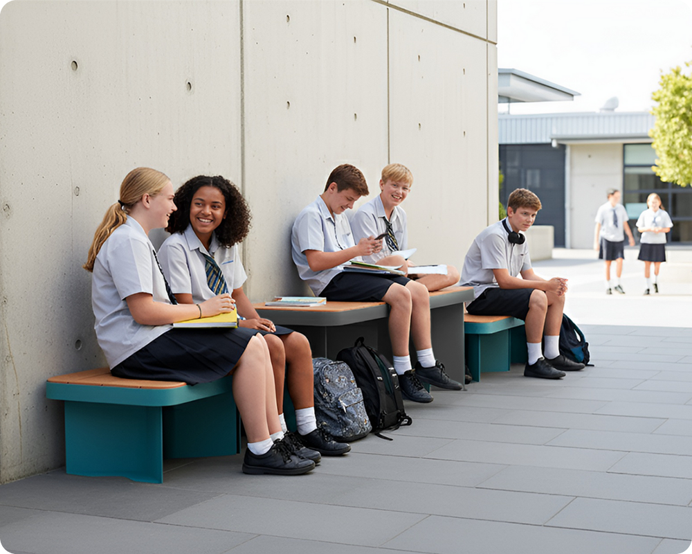 Students using Furnware Cohort outdoor benches