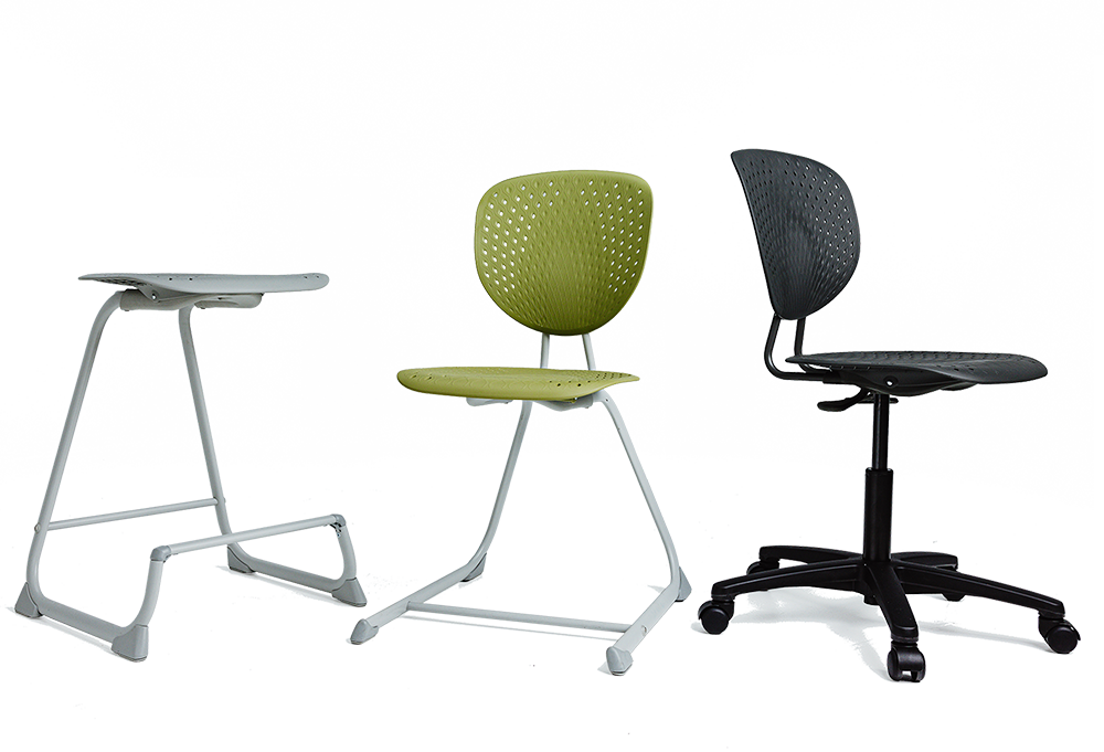 Bodyfurn.Flex collection - grey stool, green sled chair and black gaslift chair