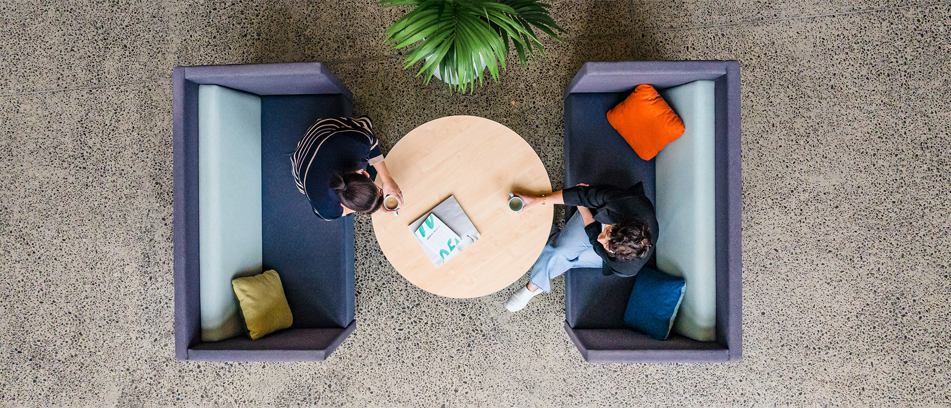 Overhead view of two people seated in acoustic booth seating with a round table and indoor plant in a collaborative learning or breakout space.