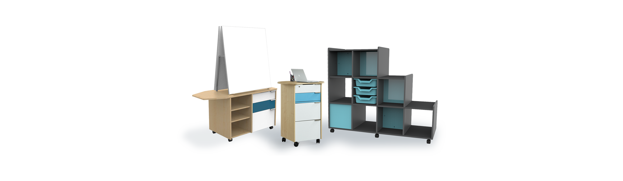 Furnware storage and display collection featuring a whiteboard teaching station, teachers hub mobile storage unit and Step by Step modular storage system