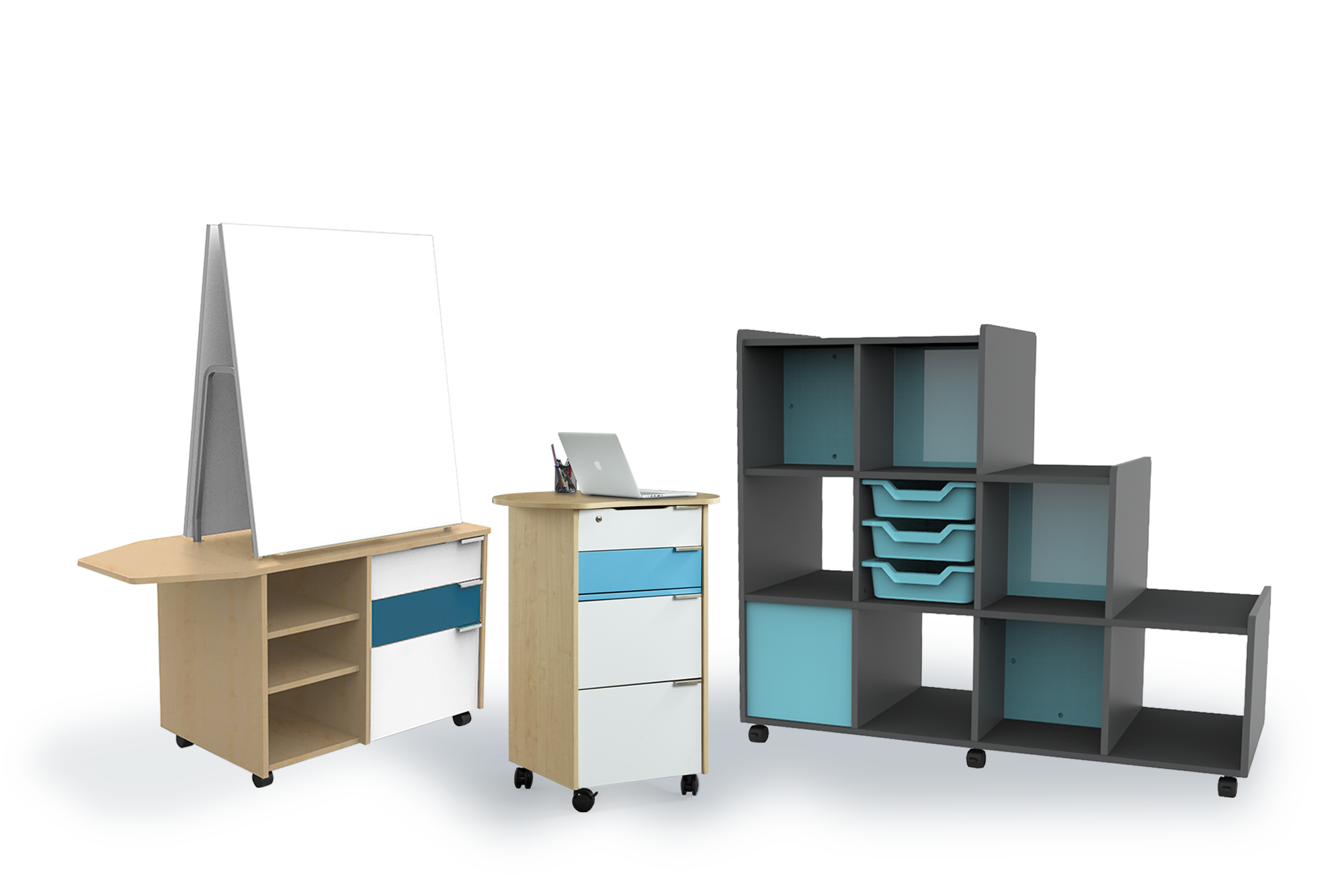 Furnware storage and display collection featuring a whiteboard teaching station, teachers hub mobile storage unit and Step by Step modular storage system