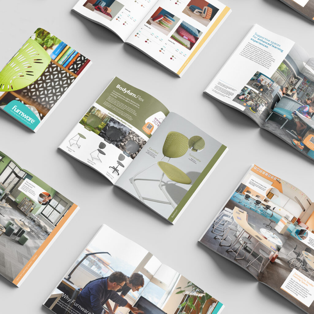 Collection of Furnware inspiration guides and school furniture catalogues showcasing learning spaces, classroom furniture and educational design ideas.