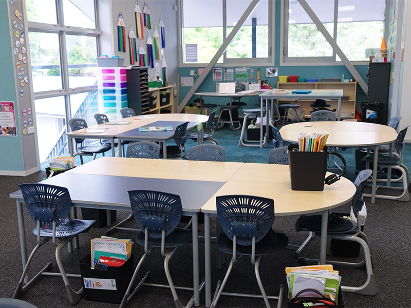 Flexible classroom at Elmwood Normal School with ergonomic Bodyfurn chairs and tables arranged for different learning activities.