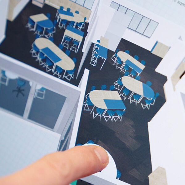 3D classroom layout created for Elmwood Normal School showing planned furniture configurations.