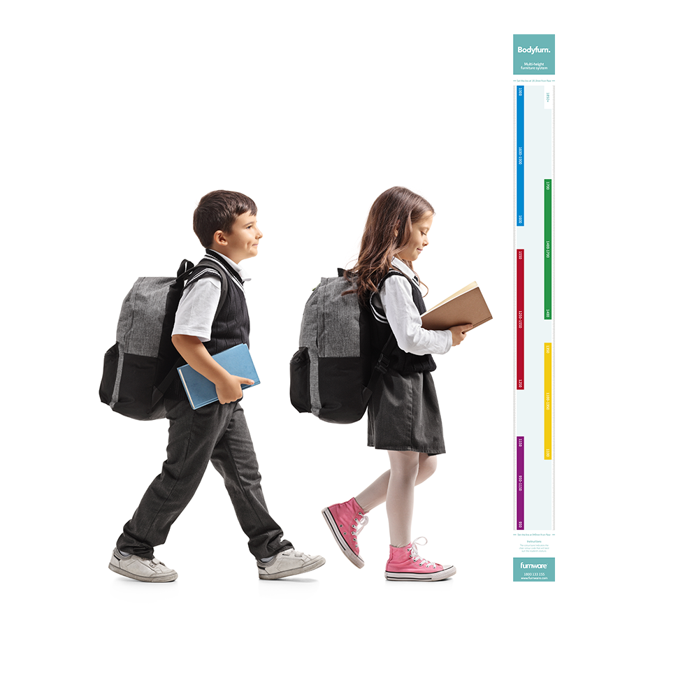 Two school-aged students beside a Bodyfurn height measurement chart showing chair size ranges for different student heights.