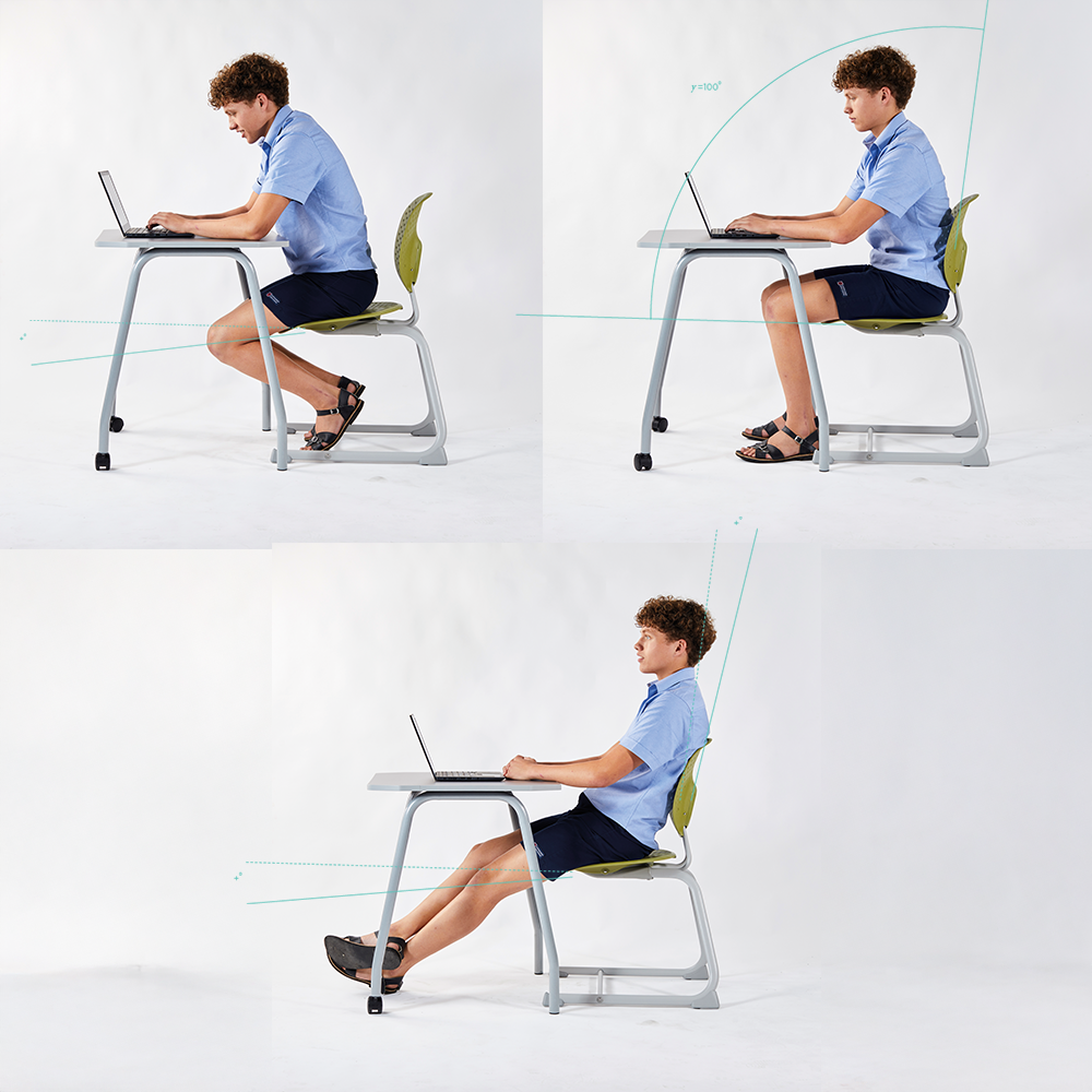 Student using a Bodyfurn chair in forward, upright and reclined sitting positions to demonstrate natural movement while learning.