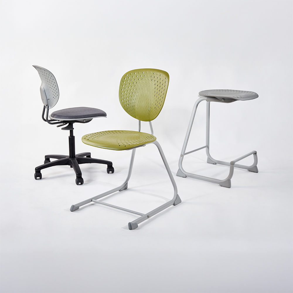 Bodyfurn Flex stool, gas-lift chair and sled chair in three different configurations