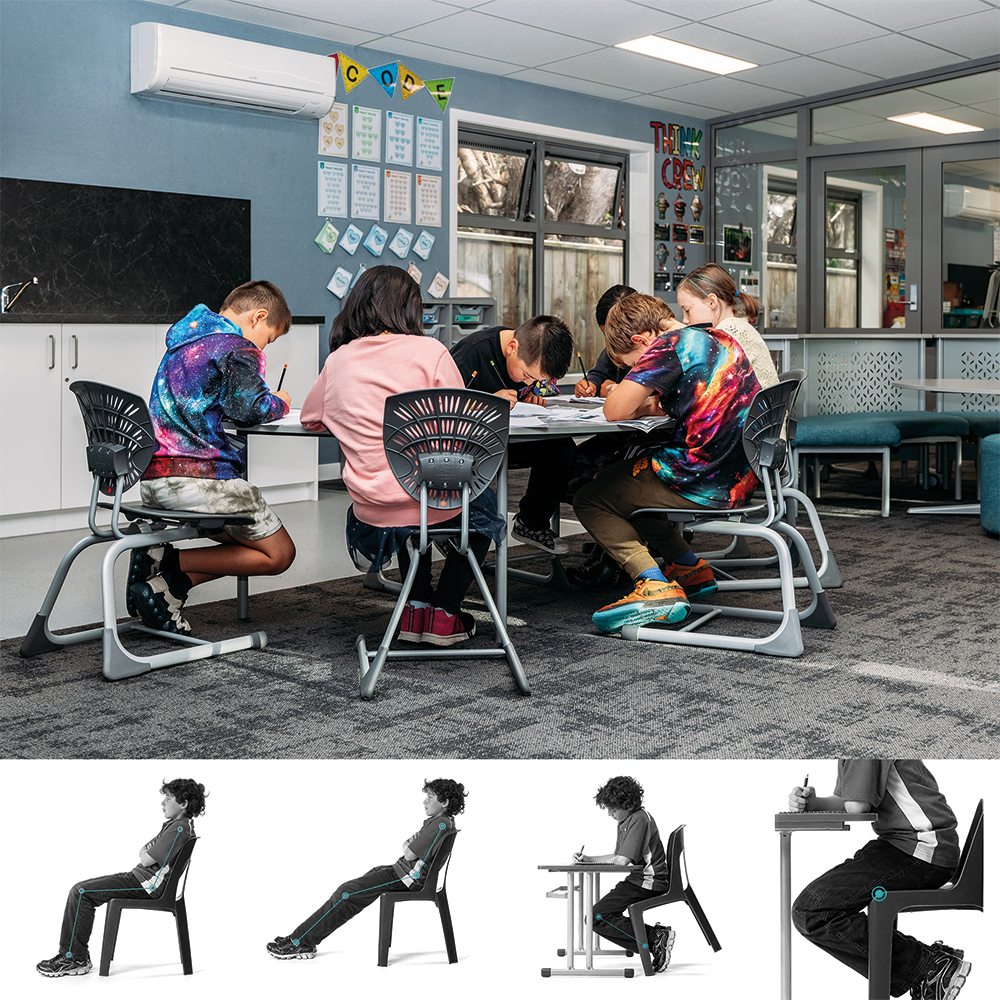 Students using Bodyfurn chairs alongside research images showing different classroom sitting postures.