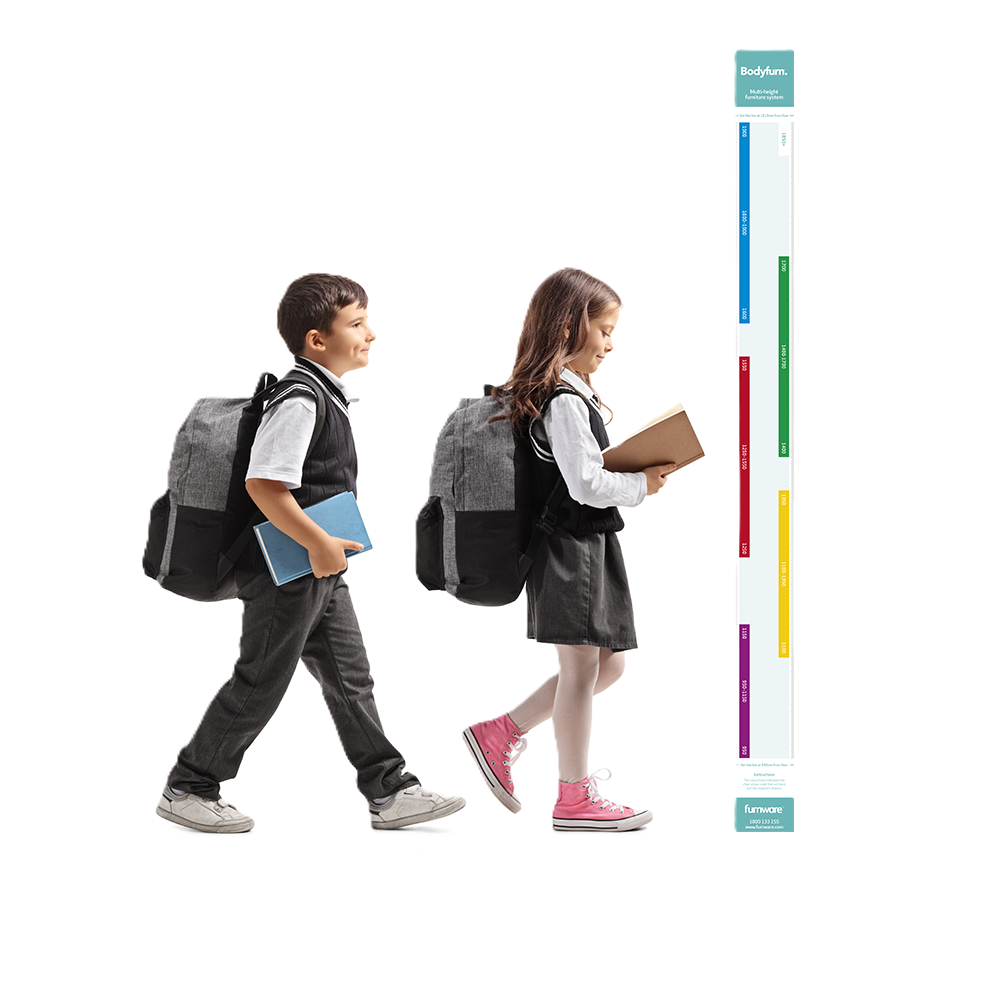 Two school-aged students beside a Bodyfurn height measurement chart showing chair size ranges for different student heights.