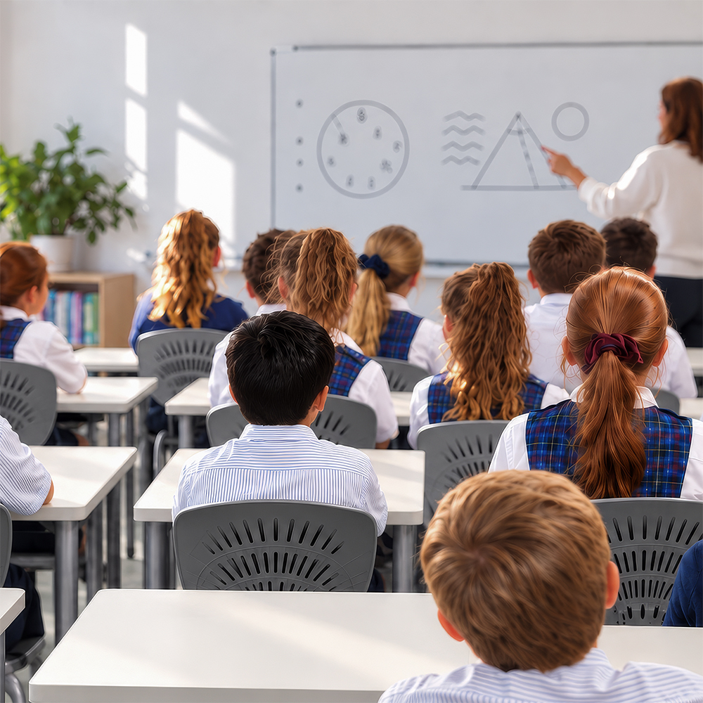 Students seated at rectangular desks in rows, facing a teacher at the whiteboard, with grey Bodyfurn chairs.